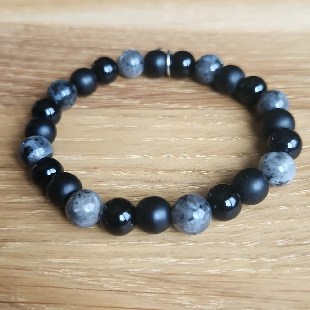 Gray Larvikite & Black Onyx Beaded Stretch Bracelet - Handmade